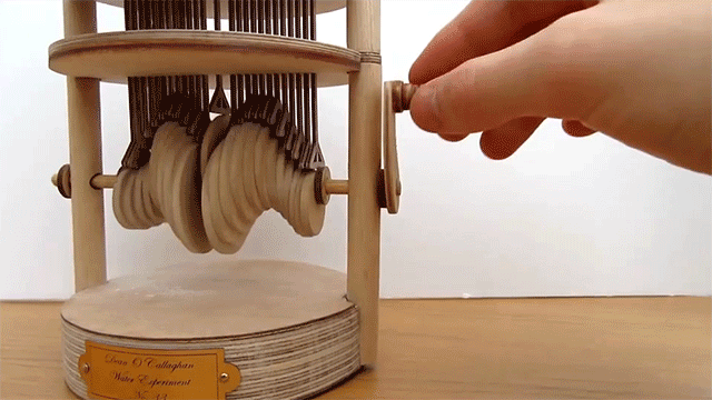 A Hand Cranked Automaton That Mimics the Effect of a Raindrop Hitting Water wood water kinetic automata