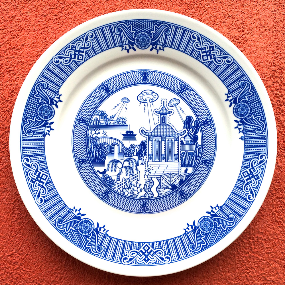 Calamityware: Disastrous Scenarios on Traditional Blue Porcelain Dinner Plates humor food dining ceramics