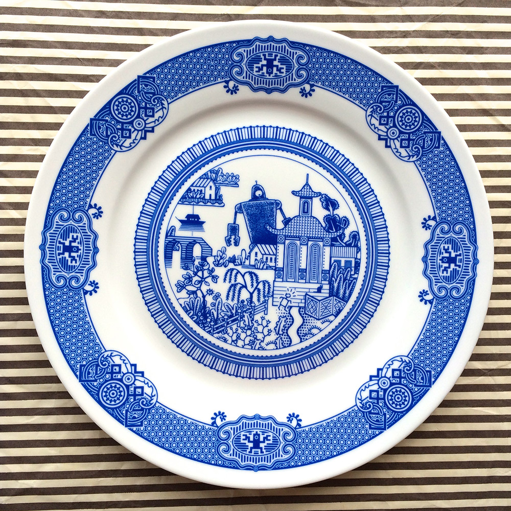 Calamityware: Disastrous Scenarios on Traditional Blue Porcelain Dinner Plates humor food dining ceramics