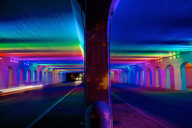LightRails: A Neglected Railroad Underpass Illuminated by Artist Bill FitzGibbons light installation bridges Alabama